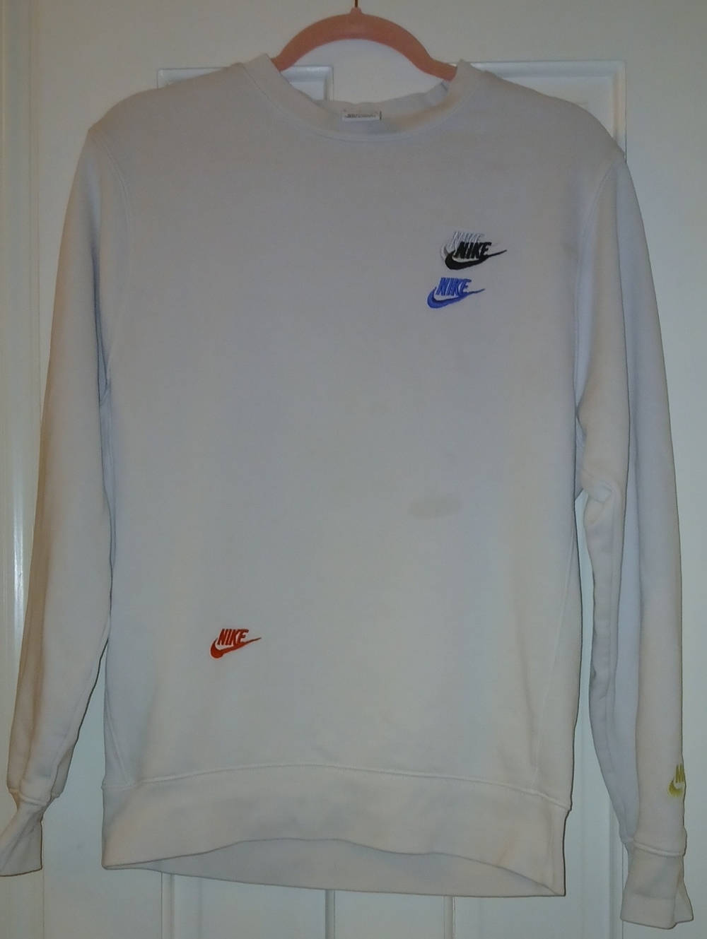 Nike White Crewneck Sweatshirt with Multicolor Swoosh Logos